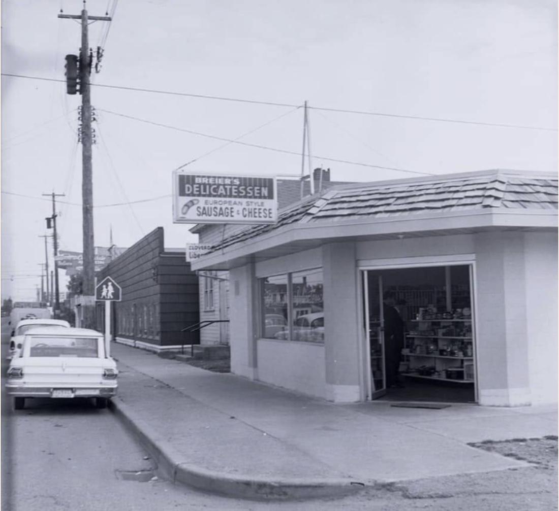 Breier&rsquo;s Delicatessen, European Style Sausage and Cheese, on the corner in Cloverdale Surrey in the 1960s, now Hansel Deli